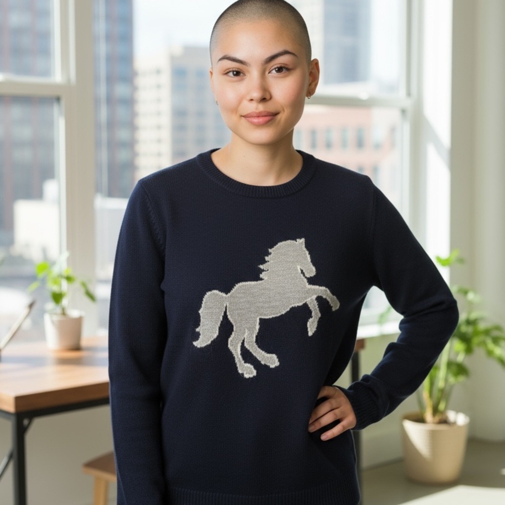 Ann Taylor Dark Blue Sweater with Metallic Horse Design